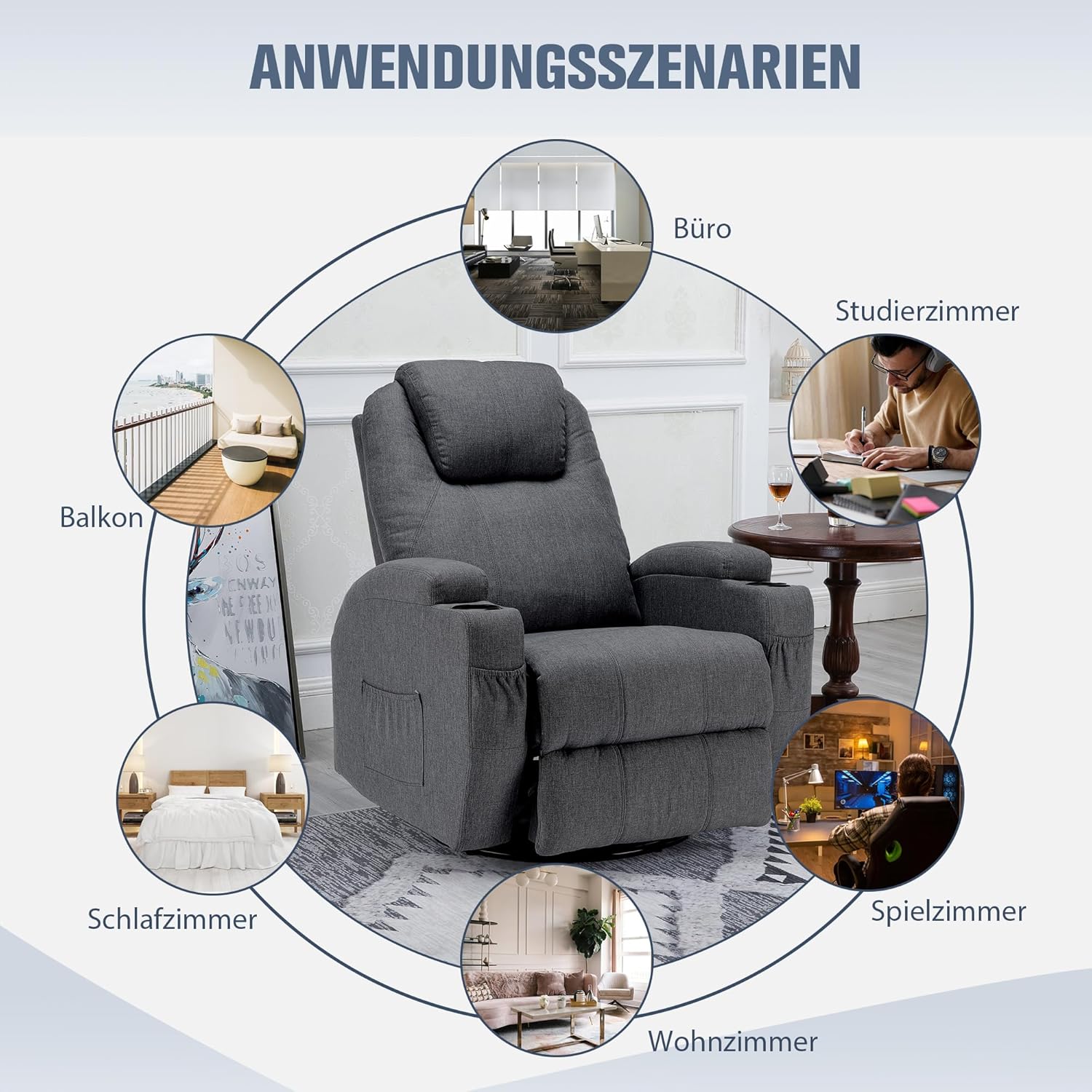 Fernsehsessel Relaxsessel Massagesessel mit Wärmefunktion und Vibration,Fernbedienung 360° Drehbar Leinen-Gray