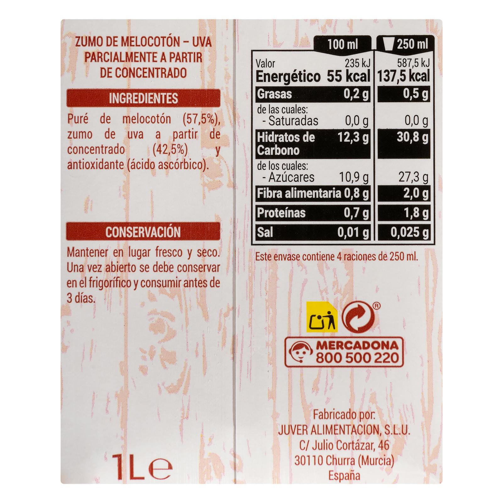 Jus de pêche et de raisin Hacendado