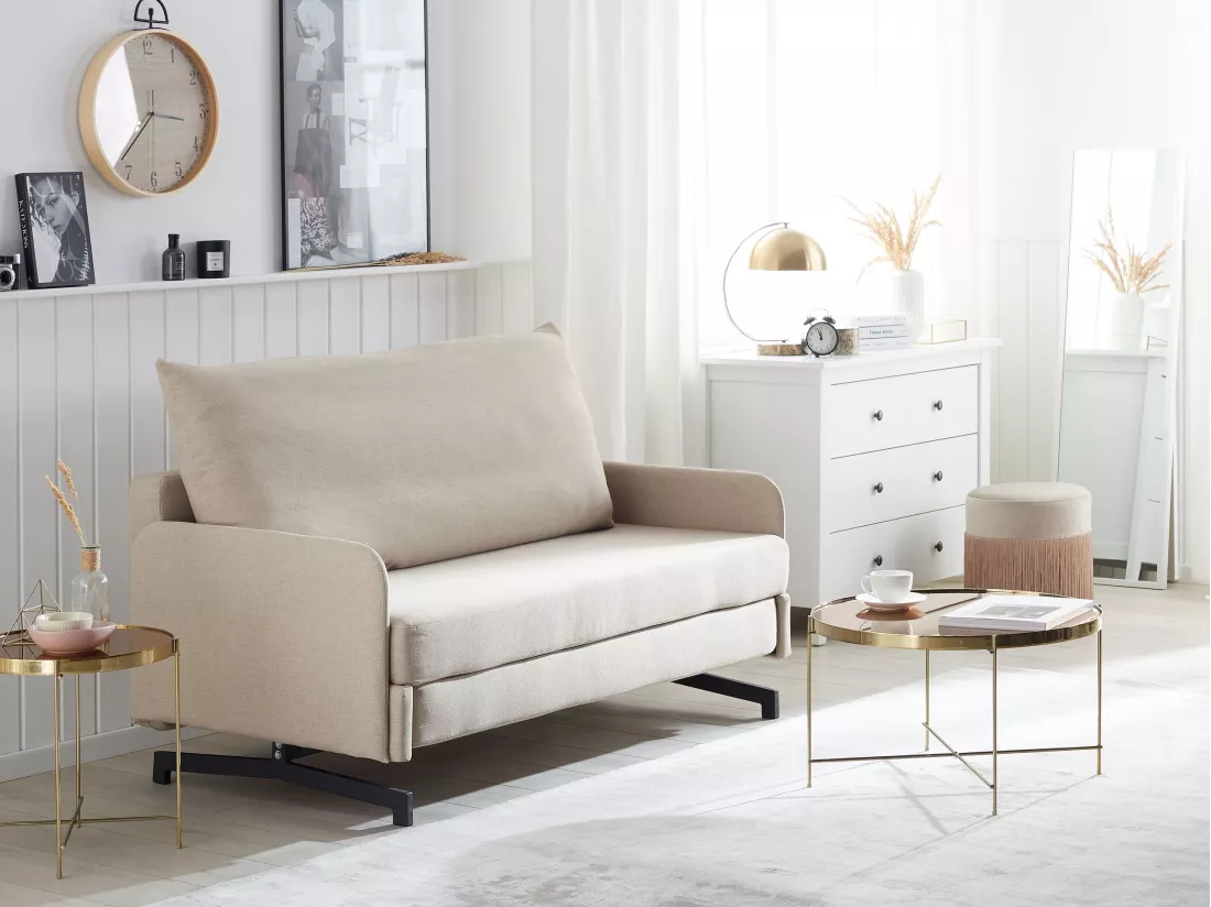 Canapé convertible 2 places en tissu beige BELFAST