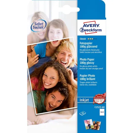 Avery Zweckform C2522-60 Classic Inkjet Fotopapier, 10x15, einseitig beschichtet, 180 g/m², 60 Blatt