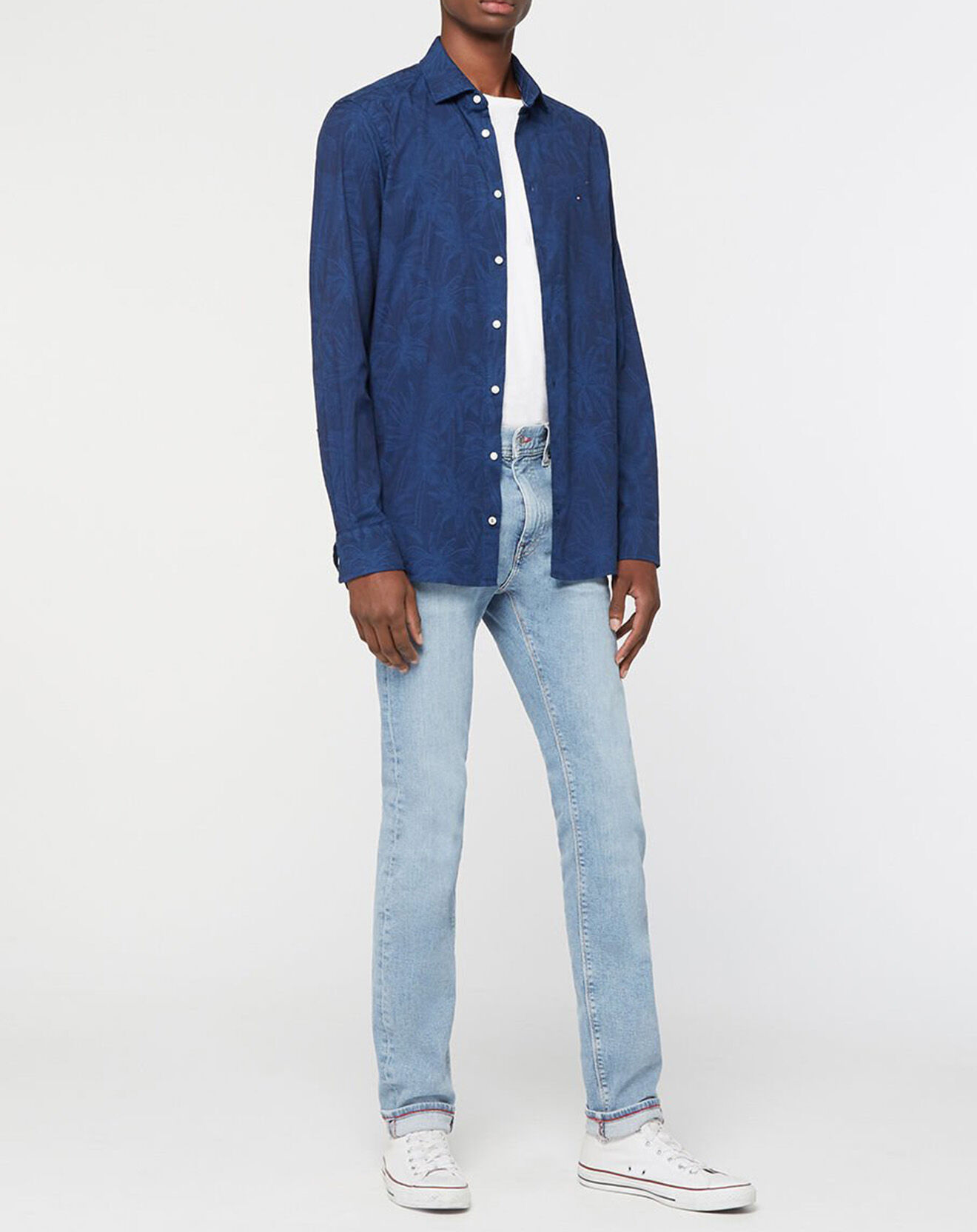 Tommy Hilfiger Chemise Slim en Coton Bio mélangé Flex Jacquard Palmtree bleue