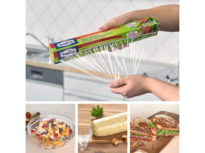 Toppits Frischhaltefolie 1 Stück, Transparent Frischhaltefolie mit integriertem Schneid-System
