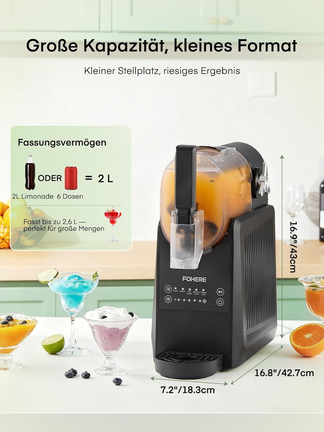 FOHERE Slush Maschine, 2,6L Slushie Machine mit 5 smarten Programmen, Slushy Machine für Zuhause, Ohne Eiswürfel & Selbstreinigung, für Slush, Eis-Cocktails, Frappé, Margaritas & Milchshakes