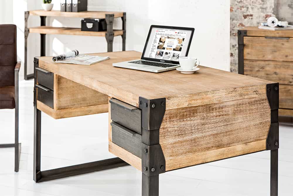 Massiver Industrial Schreibtisch FACTORY 135cm Akazie weiß gekälkt