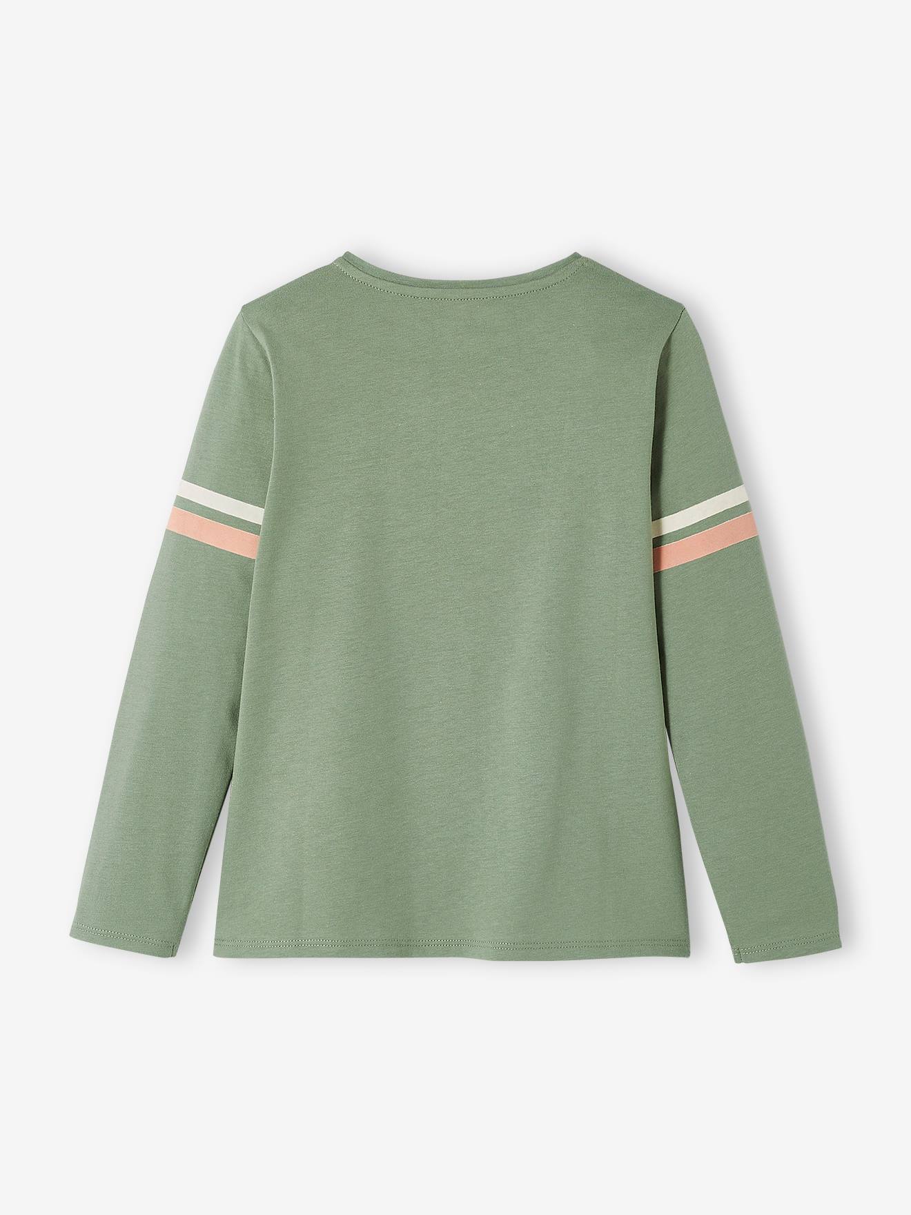 Camiseta floral com detalhes aveludados, camiseta lisa verde-médio infantil com estampas.