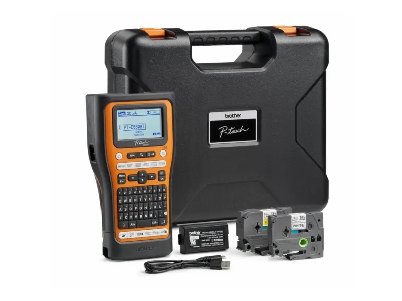 Brother P-Touch PT-E560BTVP - Etikettemaskine - S/H - termo transfer - Rulle (2,4 cm) - 180 dpi - op til 30 mm/sek. - USB 3.0, Bluetooth 5.0 - skærer - spejltryk, Full & Half Cut Function, printforhåndsvisning - sort og orange