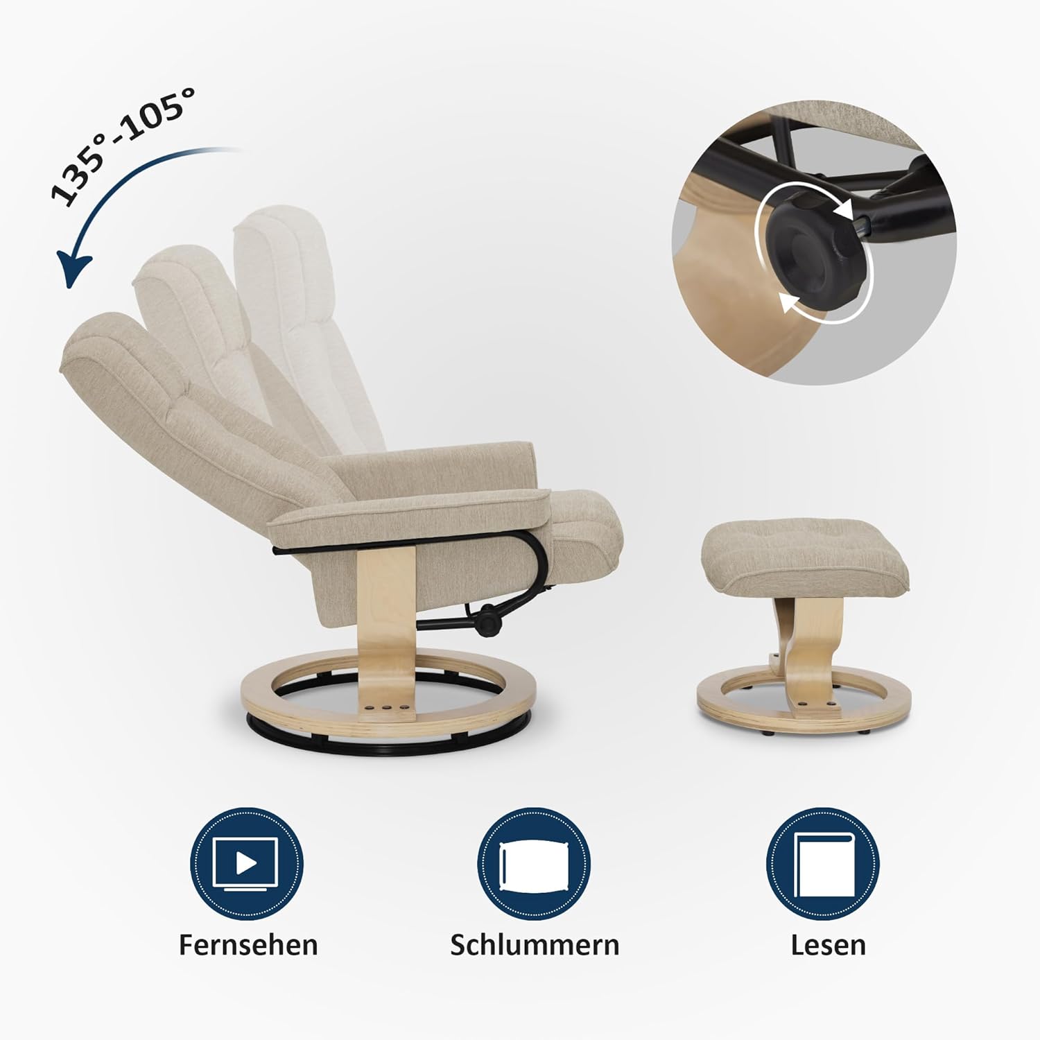 M MCombo Relaxsessel mit Hocker, 360° drehbarer Fernsehsessel mit Liegefunktion, bis 120 Kg belastbarer TV-Sessel, moderner Ruhesessel für Wohnzimmer, 9019 (Stoff, Beige)