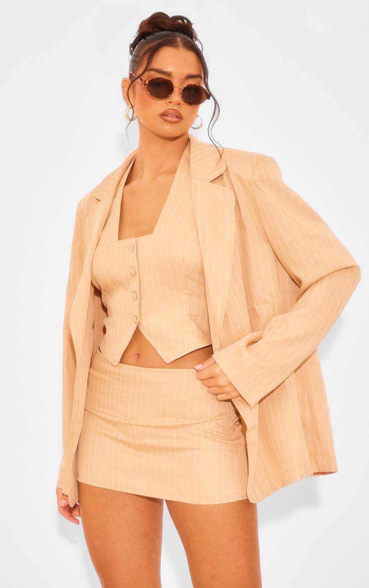 Taupe Blazer Dad Oversize À Fines Rayures Tissées