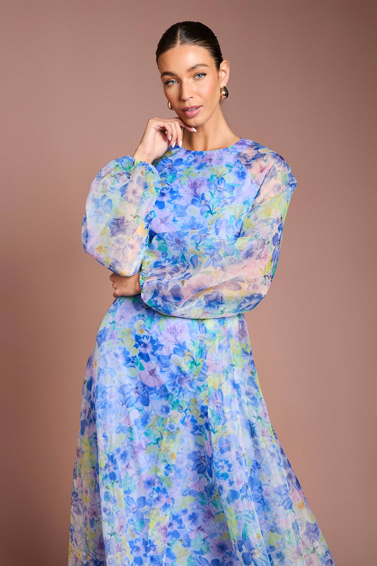 Coast Robe Mi-Longue en Organza à Taille Portefeuille et Manches Bouffantes