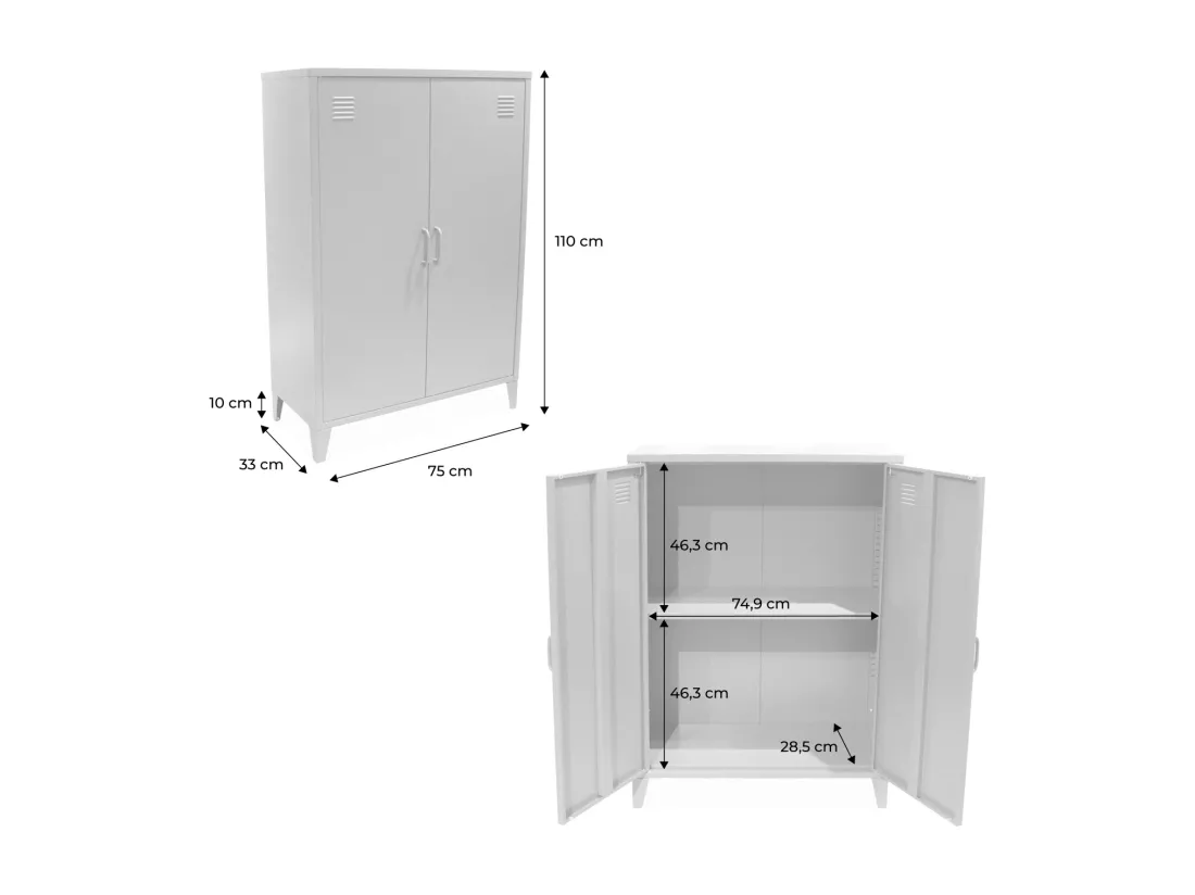 Commode/armoire en métal bleu clair 2 espaces de rangement. casiers