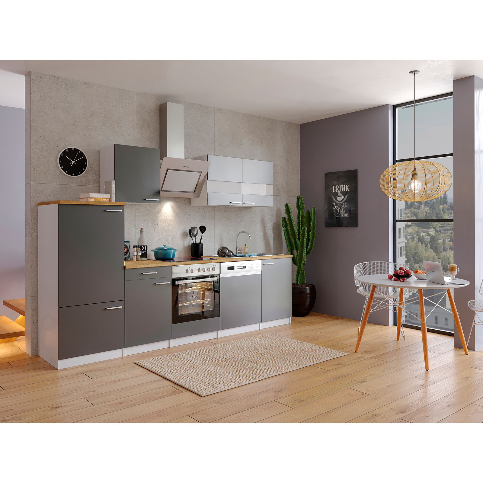 RESPEKTA Küchenblock - grau - mit E-Geräten - 280 cm
