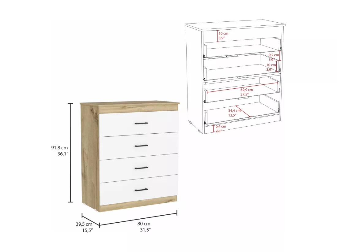 Ethehood Ethery, Confort 4 Drawers + Cabinet 2 Portes, 91,8 / 180 à CM x 80/60 AC CM x 39.5 / 48,5 P CM, DUNA / WHITE