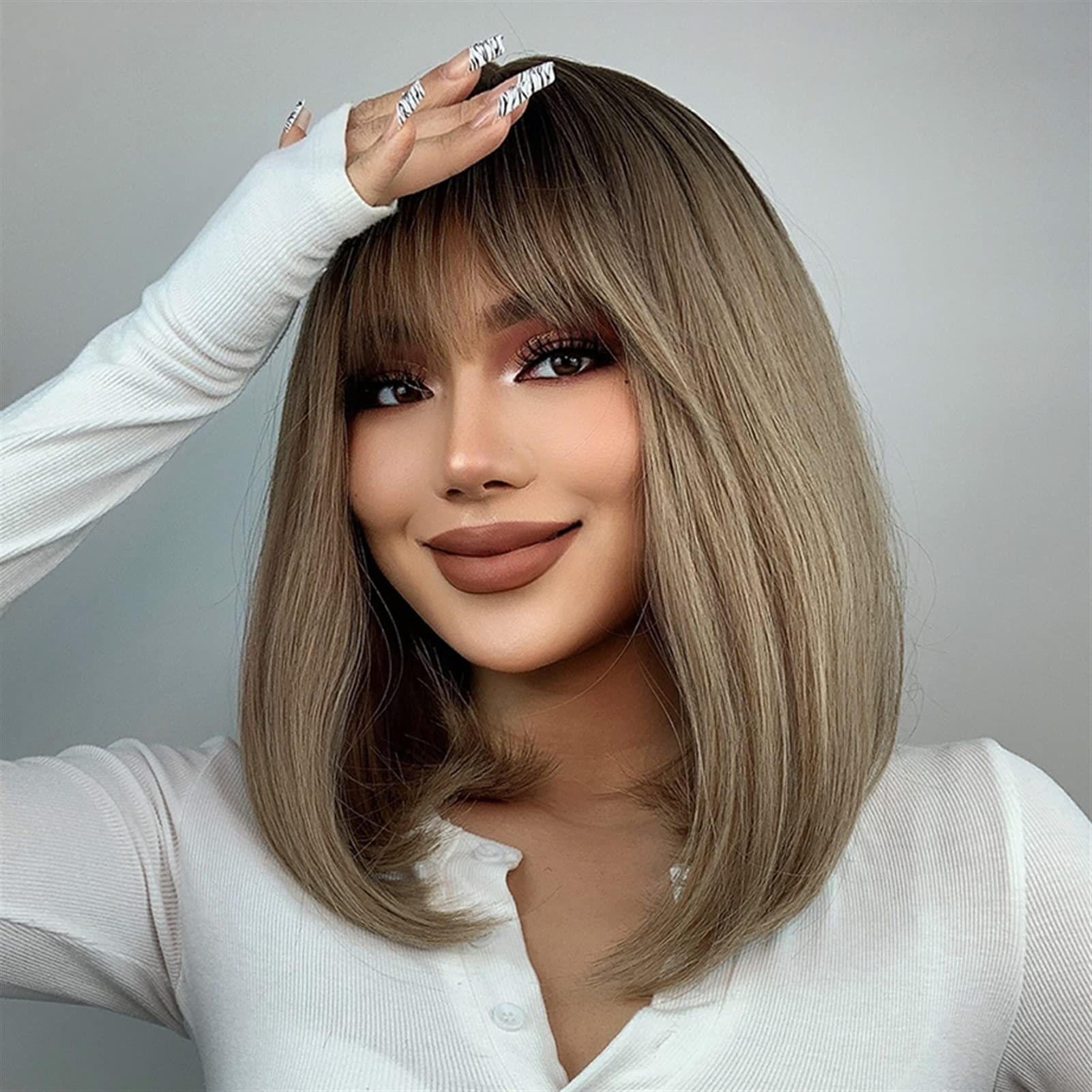 (40cm) Mitellange Kunsthaar Perücke Synthetic Wig Perücke Long Bob mit Pony - Dunkelblond / Braun