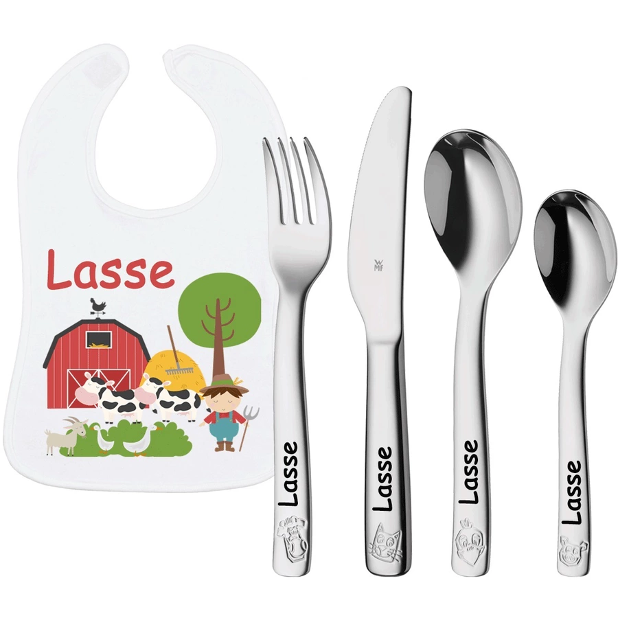 Schnullireich Geschenkset mit Namen WMF Kinderbesteck Farm + Baby Lätzchen Bauer Silber