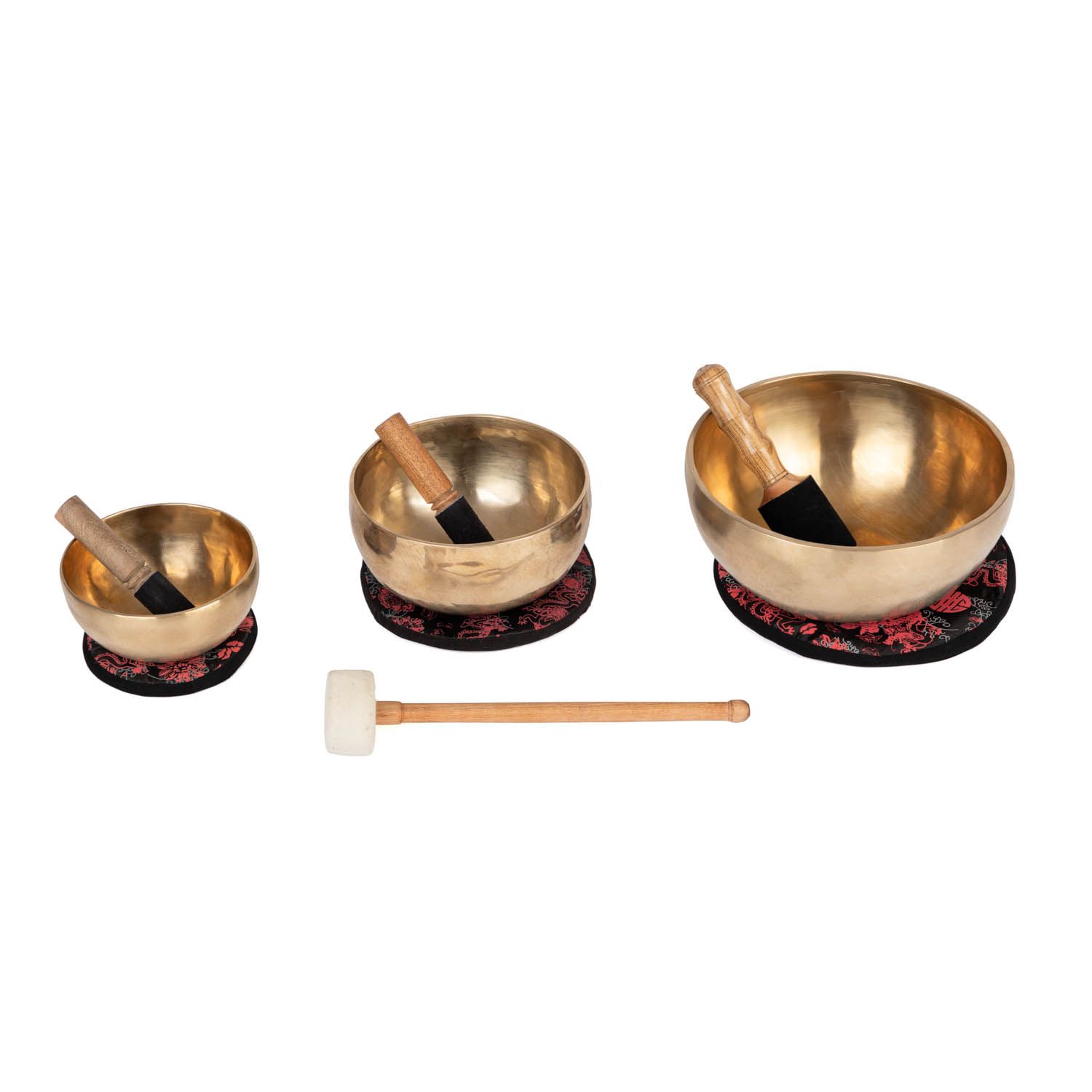 bodhi Klangschalen-3er-Set L: Klangschale M, L, XL, inkl. 3 Kissen, 3 Holzklöppel & 1 Filzklöppel