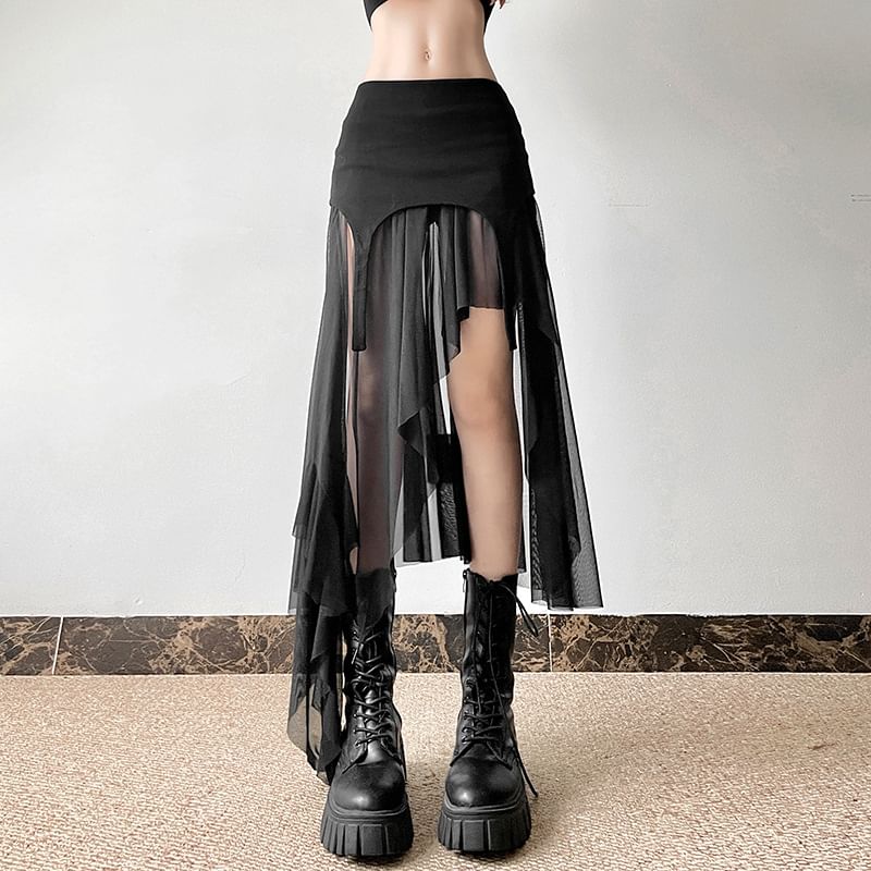 Sugarcoat - A-lijn rok met effen, asymmetrische panelen en mesh, middelhoge taille