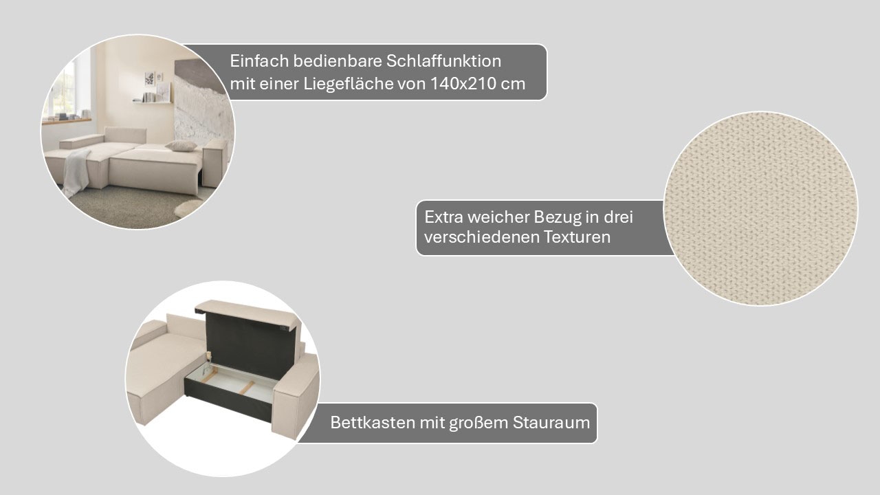 GOODproduct Ecksofa »FINNLEY Schlafsofa 267 cm, L-Form mit Schlaffunktion & Bettkasten« verfügbar in den Stoffqualitäten Bouclé, Struktur fein und Mega Cord