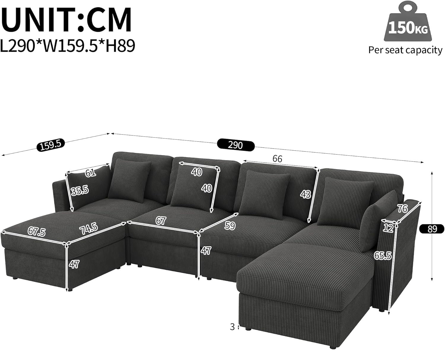 Merax Ecksofa modulares U-förmiges Sofa mit multifunktionalem Fußhocker (L/U-Form), verstellbaren Armlehnen, Cordstoff, 4-Sitzer Couch für Wohnzimmer/Schlafzimmer, Grau