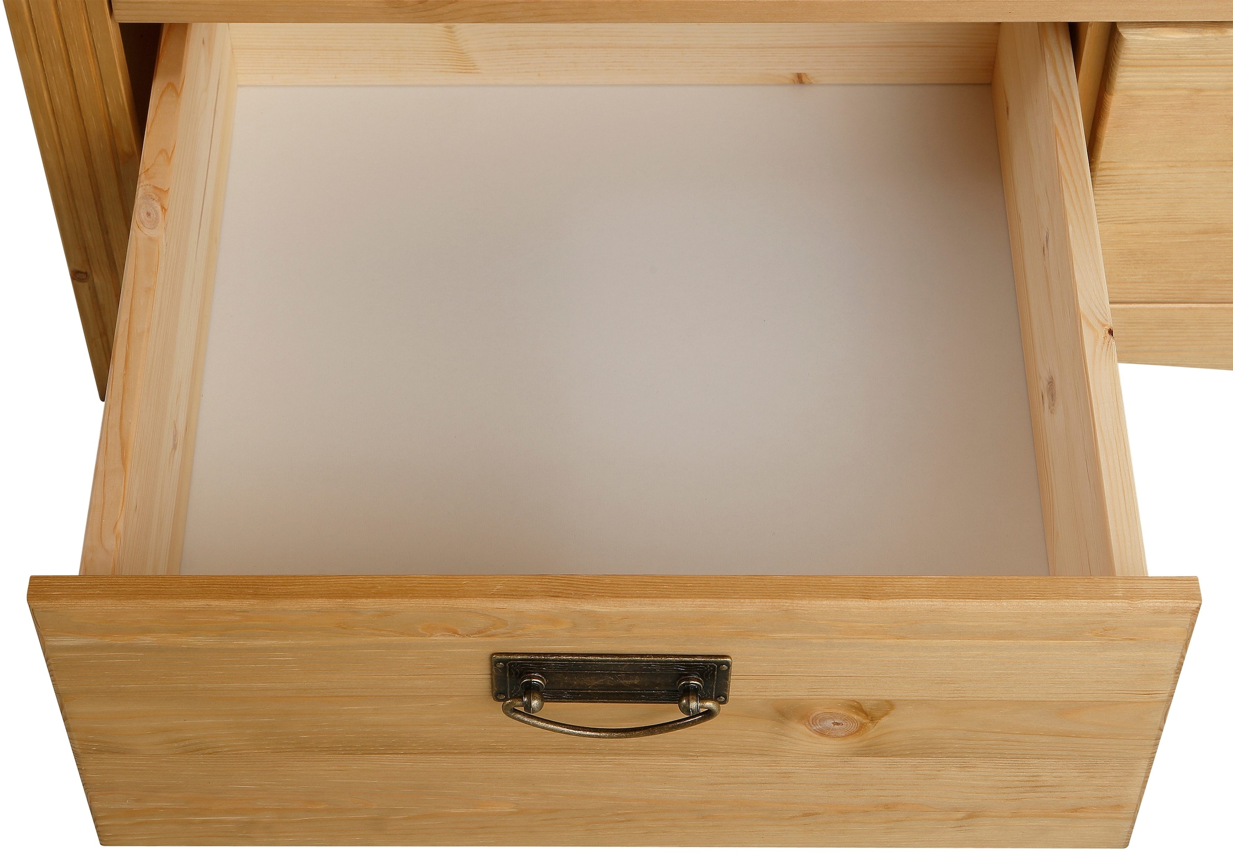 Home affaire Schiebetürenschrank »Konrad, Landhausstil, rustikal, mit Schubladen + Spiegel, Kassetten« 3 Breiten: 153/202/249 cm  H/T ca.207/64 cm,  massive Kiefer, FSC®-zertifiziert, Messinggriffe, mehrere Varianten