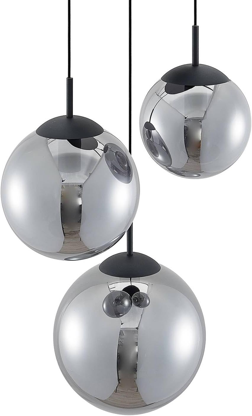 Lindby Esstisch Pendelleuchte Glas rauchgrau, 3 Schirme Ø 30 25 20 cm Hängeleuchte Rauchglas Esszimmer 3x E27 ohne Leuchtmittel Hängelampe Wohnzimmer Esszimmerlampe