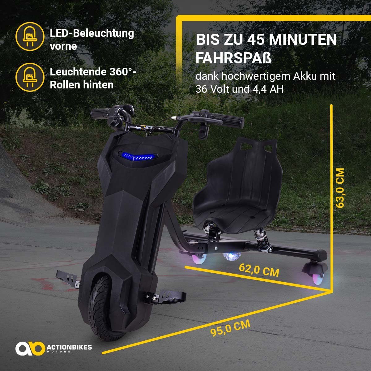 Patinete de três rodas Actionbikes Motors Drifter 360, 15 km/h, 250 watts - Rodas LED 360° - Suspensão - 3 níveis - Triciclo de drift
