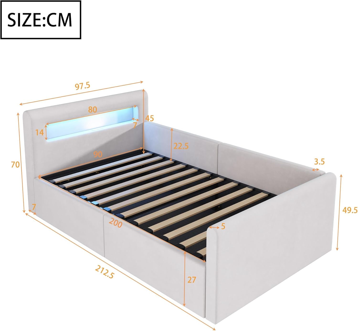 okwish Polsterbett Kinderbett 90x200 cm, Jugendbett mit hydraulischem Stauraum, LED Nachtlicht & USB-Anschluss, Samtstoff, Beige, ohne Matratze