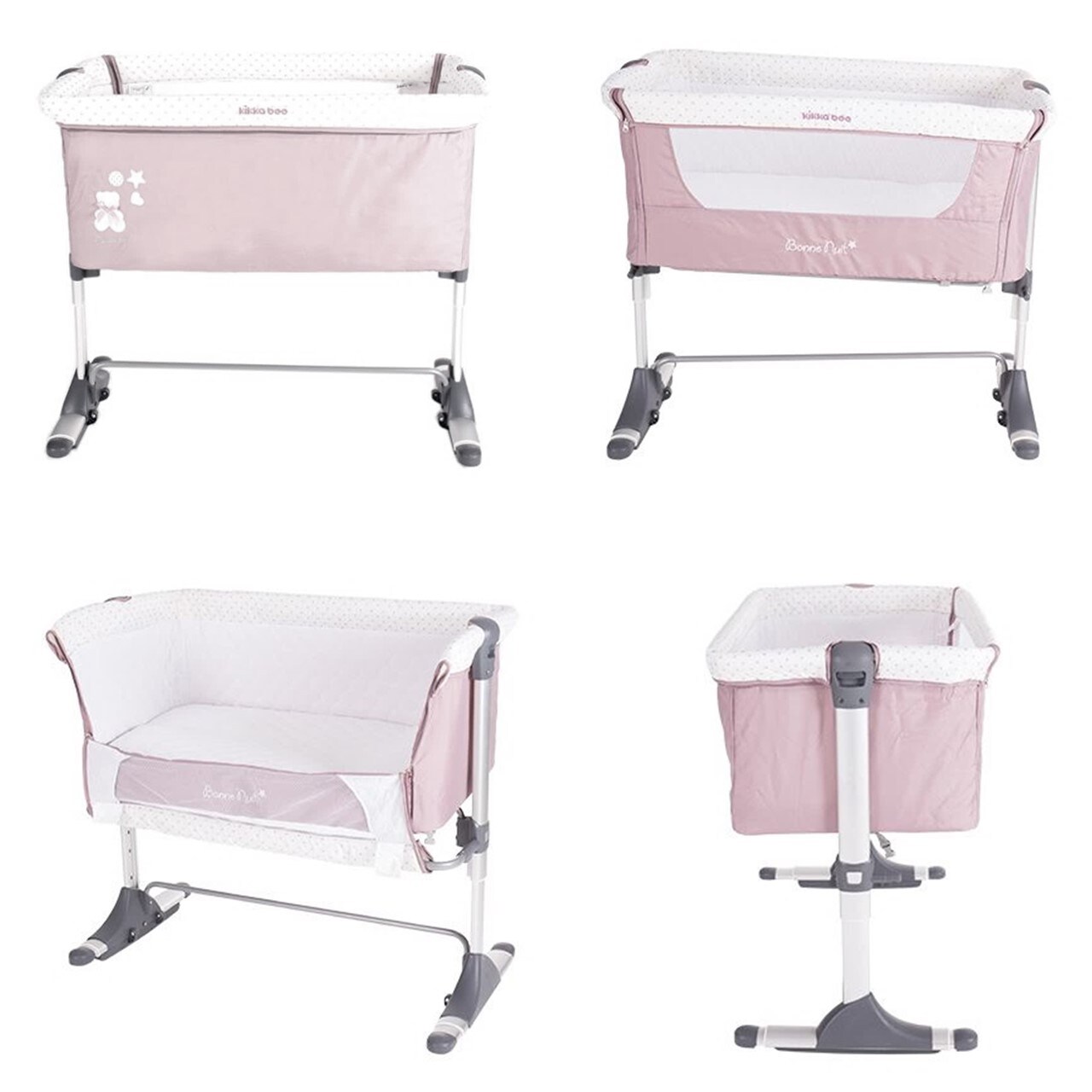 Kikkaboo Beistellbett Bonne Nuit, verstellbar, eine Seite zum Öffnen, 2 Räder rosa