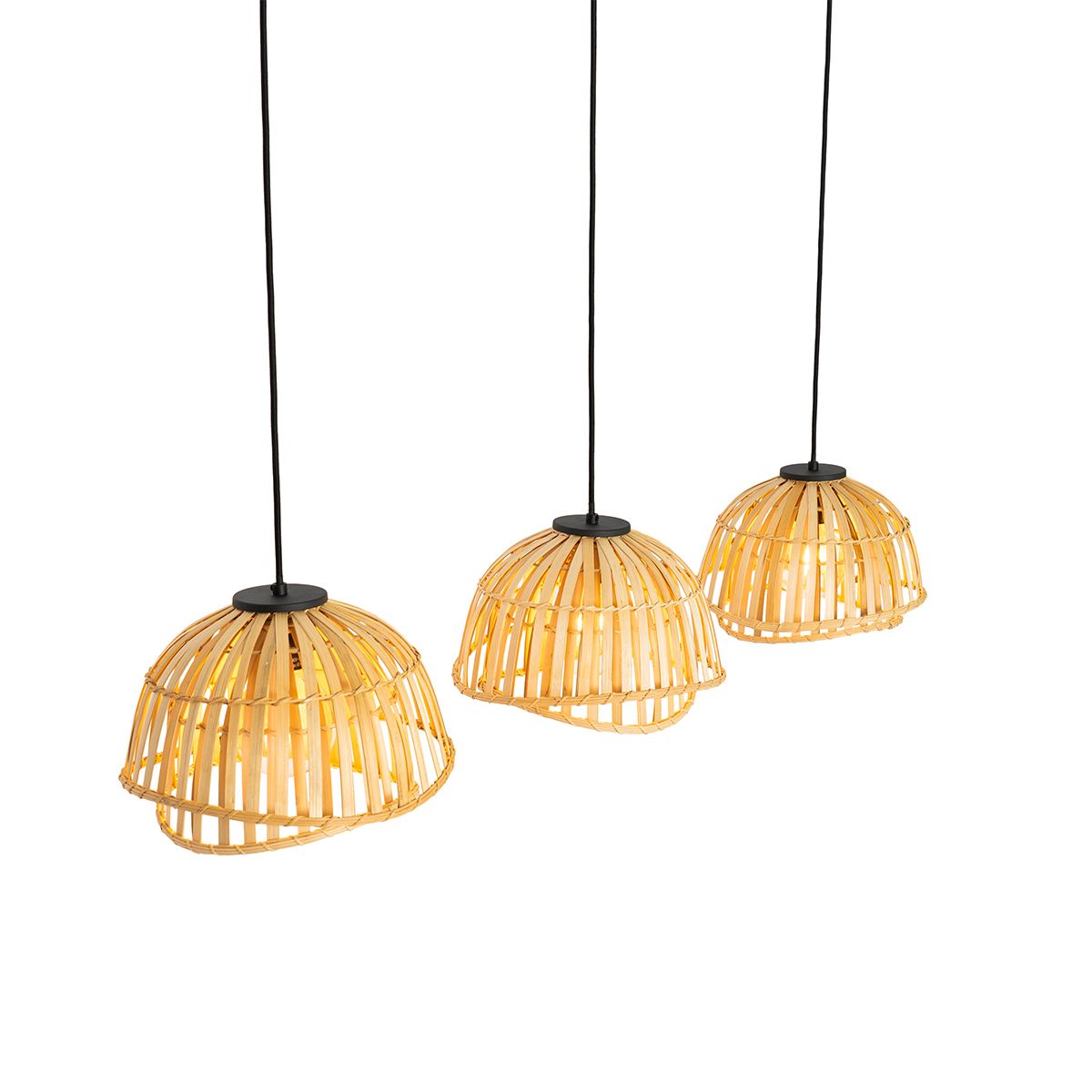 Oosterse hanglamp zwart met naturel bamboe 3-lichts - Pua
