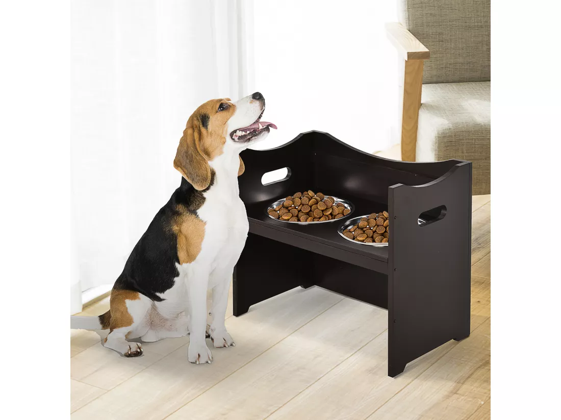 Gamelle double chien chat Porte-gamelles surélevé dim. 54L x 31l x 47H cm 2 gamelles acier inox. incluses MDF brun foncé
