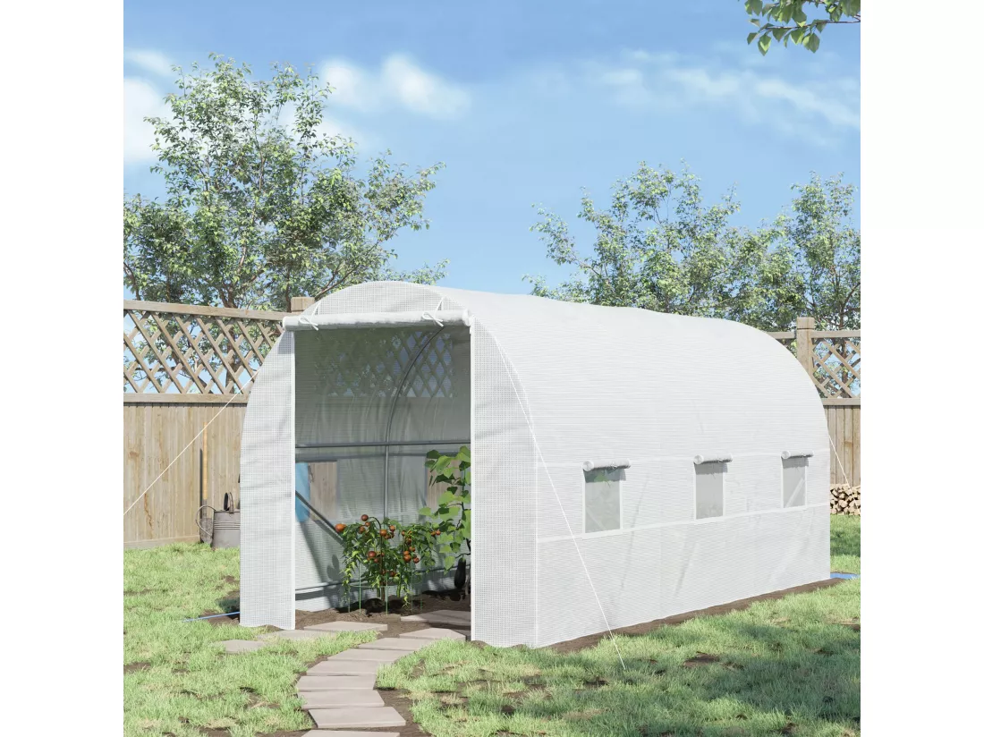 Serre de jardin tunnel surface sol 9 m² 4,5L x 2l x 2H m châssis tubulaire renforcé 18 mm 6 fenêtres blanc