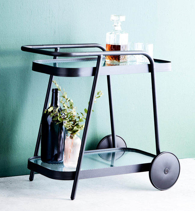 Serveringsvogn i aluminium og glas