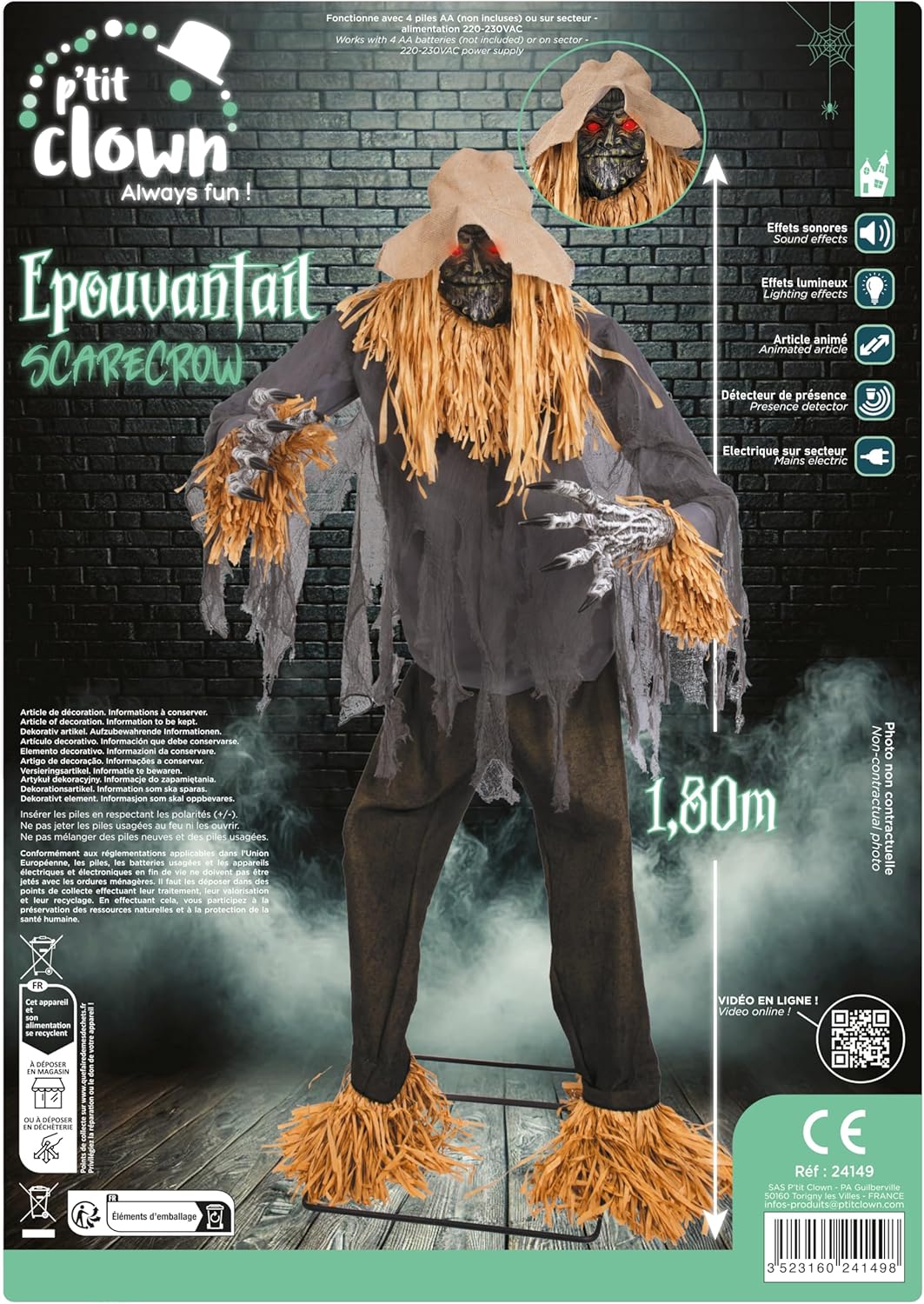 P’tit Clown - 24149 - Halloween-Automat Animierte Vogelscheuche - Animatronik - Animatronic - Animierte, Sound- und Lichtdekoration - Netzbetrieben - 180 cm