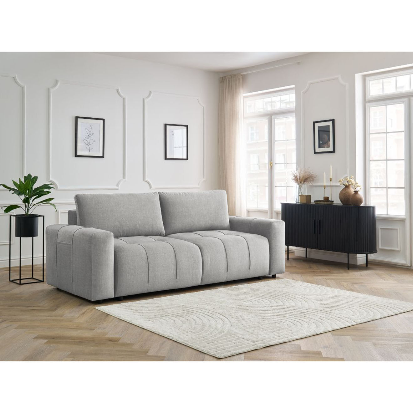 Bobochic Canapé droit convertible en Velours 3 places Arsène avec coffre gris clair - 248x105x90 cm
