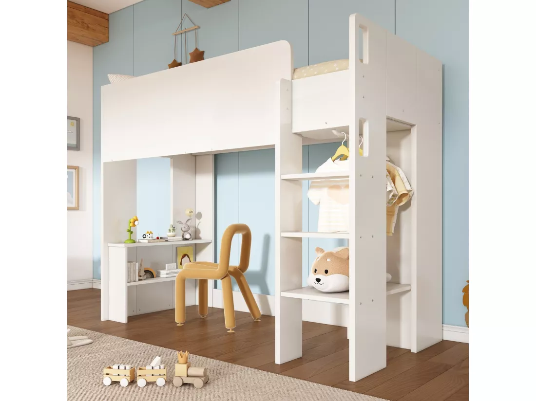 Lit mezzanine 90 x 200 cm avec bureau, niches, armoire, étagères et escaliers - Panneau de particule - Blanc