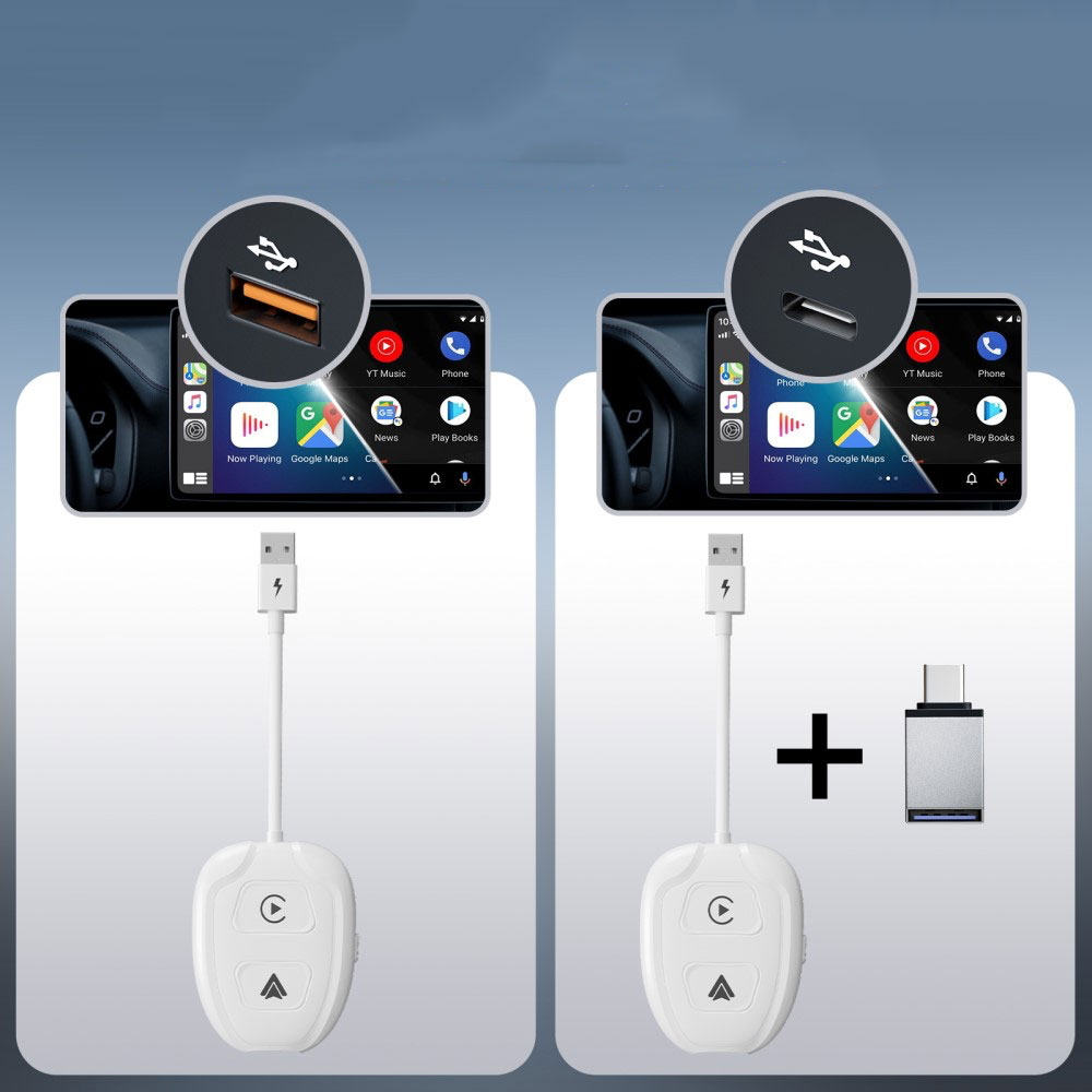 Bluetooth Android Auto / Apple Carplay KFZ USB A Adapter mit USB C Aufsatz für Android / iOS Smartphones (Google Assistant / Siri) - Weiss