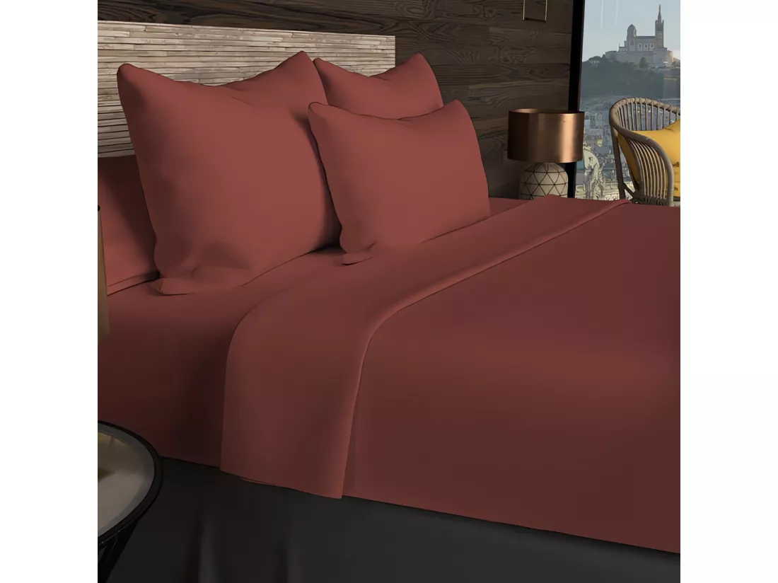 Drap housse en coton 57 fils 90x190 cm UNI brique, par Soleil d'ocre