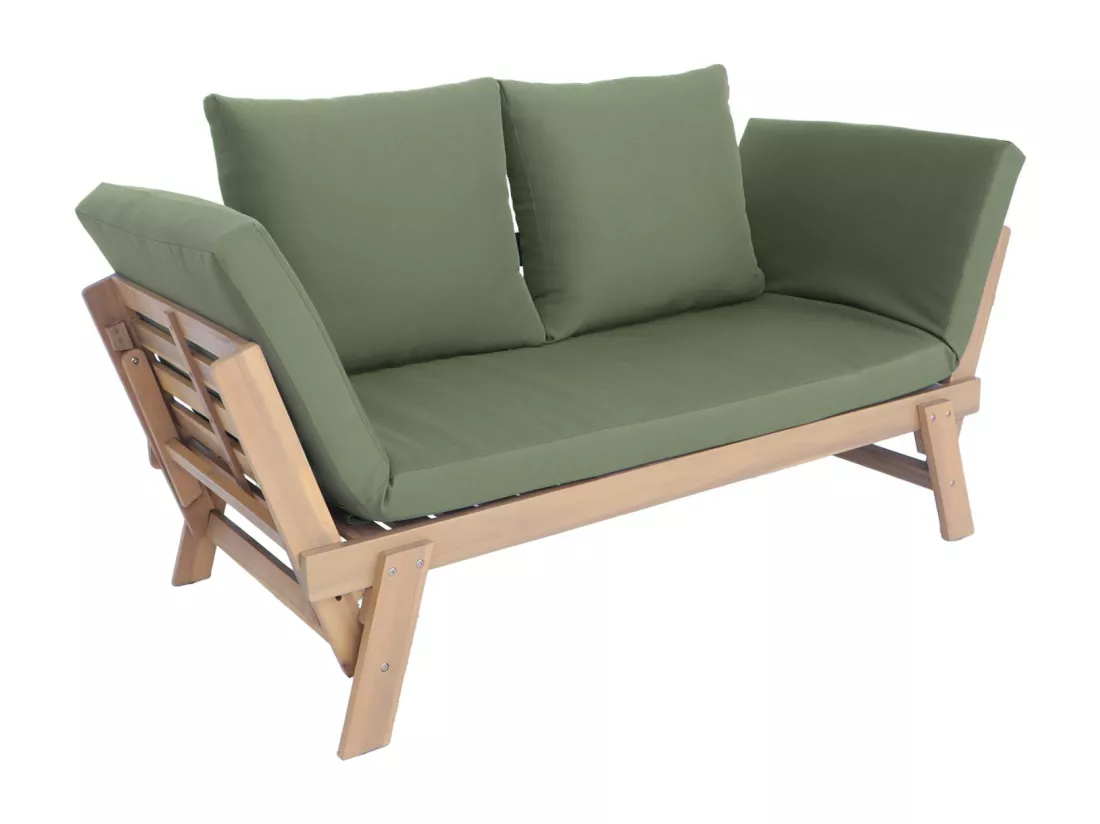 Banquette de jardin kaki 2/3 places JALANCE. accoudoirs modulables 155/200x72x74.5cm
