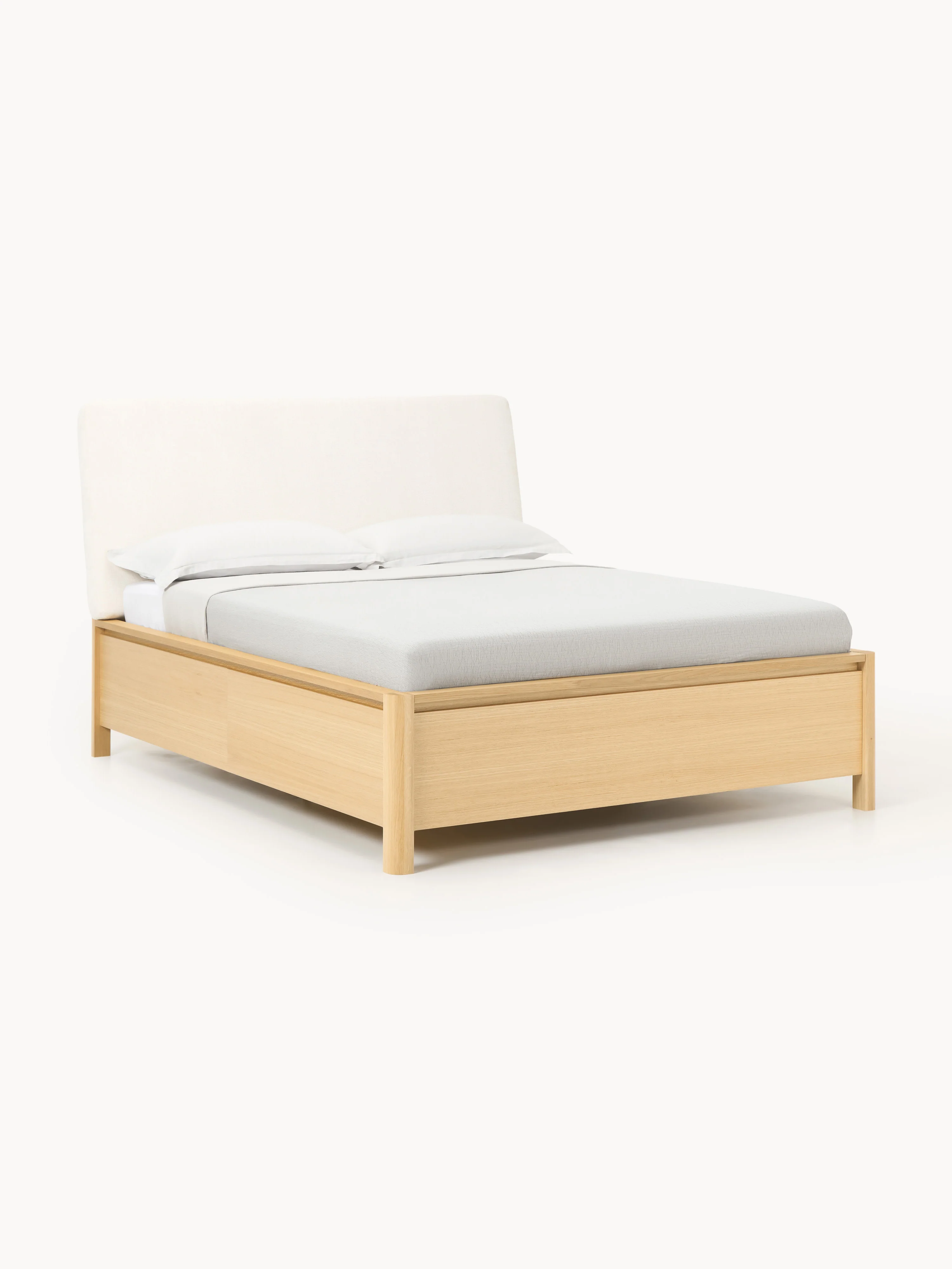 Houten bedframe Santiago met gestoffeerd hoofdeinde en lades
