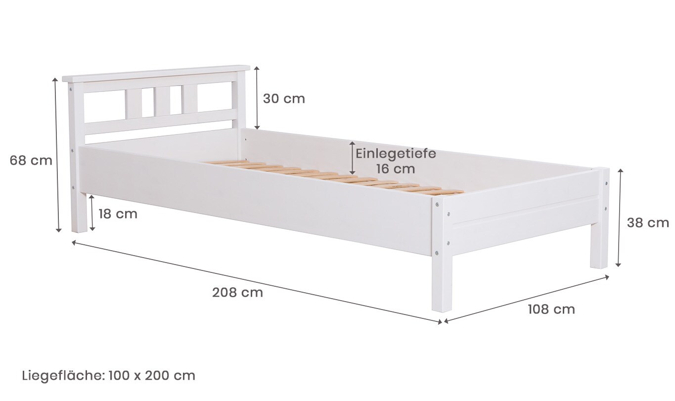 TiCAA Einzelbett und Doppelbett Merci Kiefer Weiß