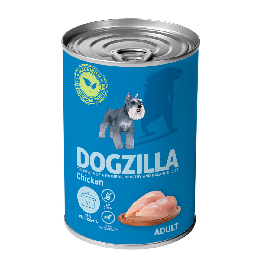Ração enlatada Dogzilla sem grãos com sabor de frango para cães.