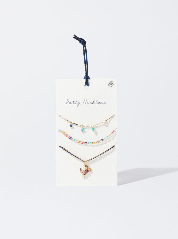 Conjunto de colares com pedraria e zircônia cúbica - Multicolorido