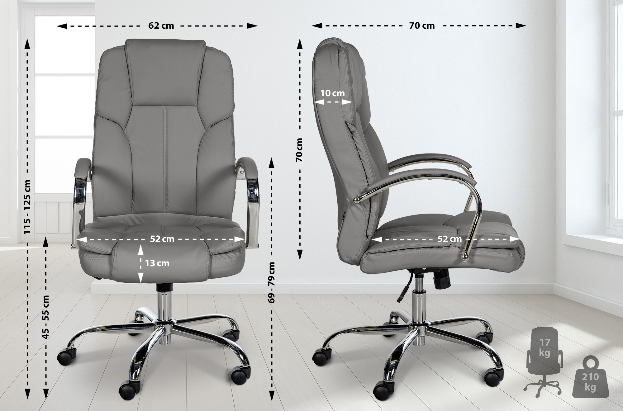 CLP Ergonomischer Bürostuhl BIG Xanthos I XXL Komfort Mit Wippfunktion Und Armlehnen I Verstellbar Mit Kunstleder-Bezug, Belastbar bis 210 kg