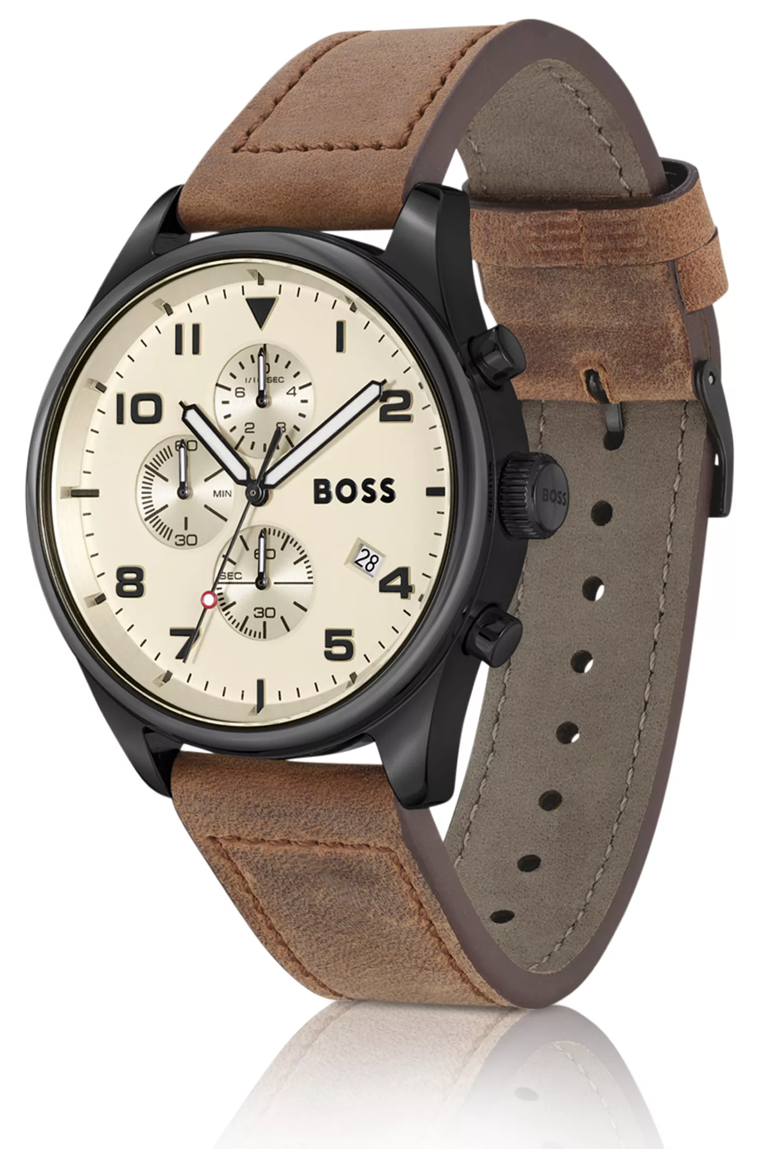 Relógio cronógrafo BOSS com pulseira de couro preta e mostrador bege.