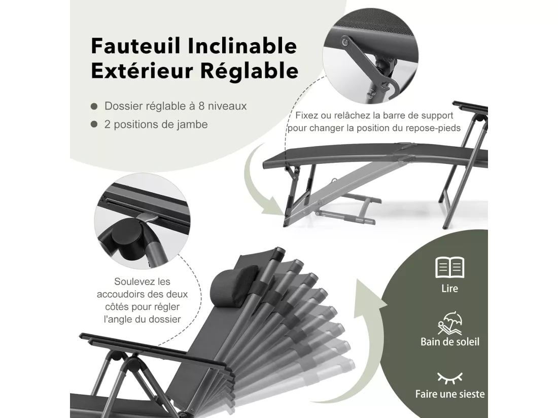 Chaise Longue d'Extérieur en Aluminium, Chaise Longue Pliante de Patio avec 8 Positions de Dossier et 2 Pieds Réglables, Tissu et velours à Séchage Rapide pour Piscine, Jardin, Plage