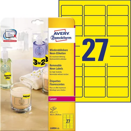 Avery Zweckform L6004-25 Etiketten in Sonderfarben,A4 63,5 x 29,6 mm, 25 Bogen/675 Etiketten, neongelb