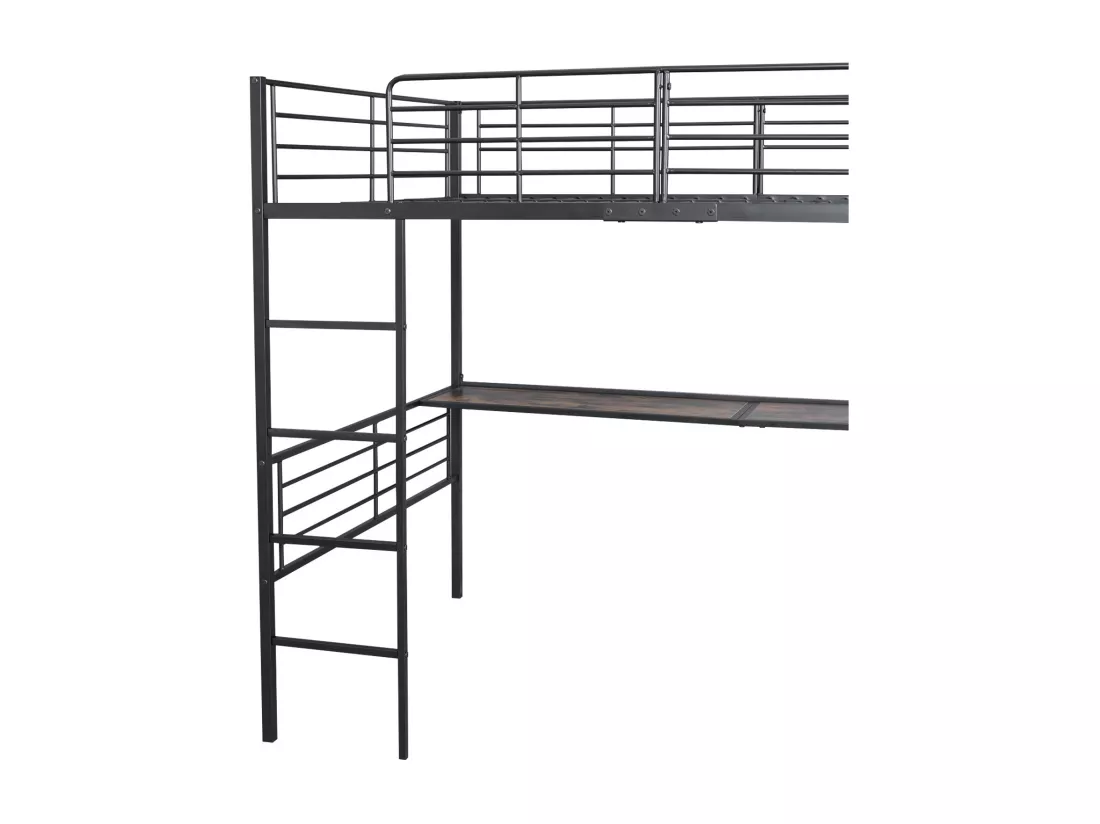 Lit mezzanine 140x200cm en métal - avec bureau、armoire et échelle de rangement - Noir
