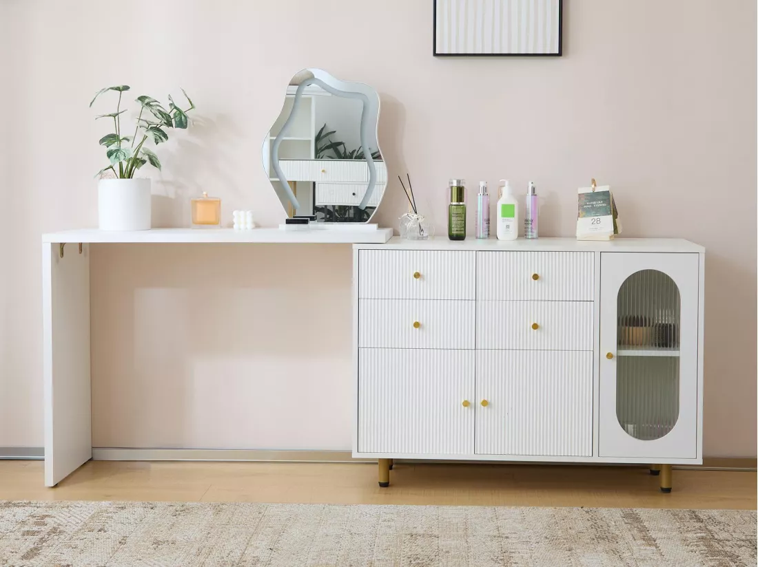 Coiffeuse pivotante escamotable avec miroir à LED - 4 tiroirs et 3 compartiments - Blanc (tabouret non inclus)