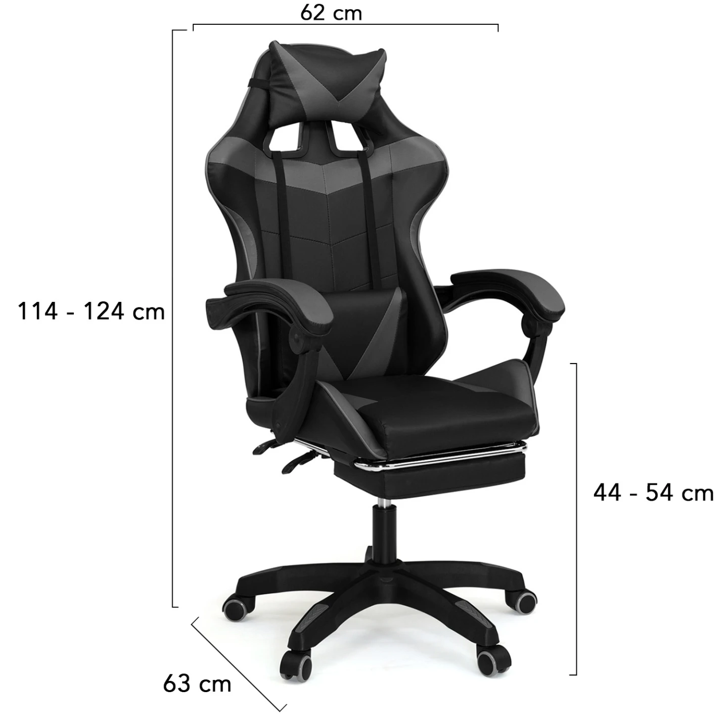 Fauteuil de gaming ALEX réglable avec repose-pied, coussin de tête et coussin lombaire noir et gris