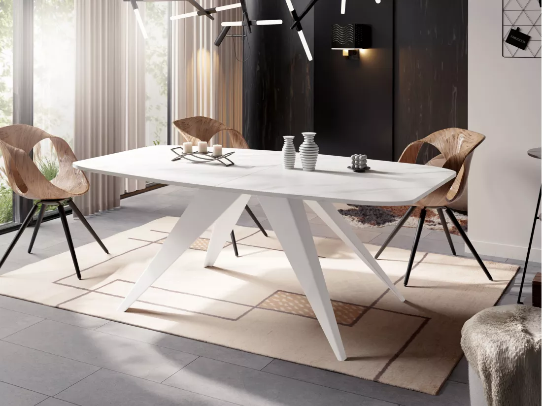 Table à Manger Extensible Style Loft - Table Industrielle Avec Pieds Métalliques Blancs - Design Moderne Pour Salon - 160 Cm Extensible à 200 Cm - Marbre Blanc