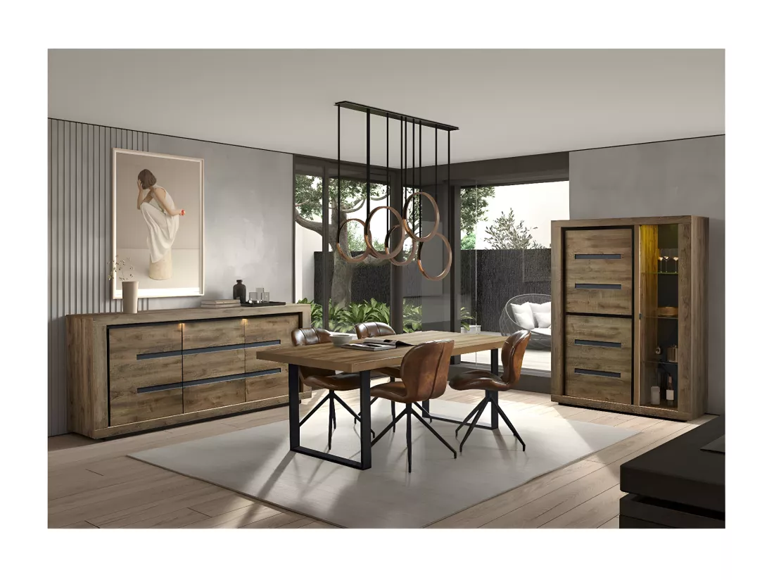 ANTONIN - Argentier 2 Portes et 1 Vitrines Aspect Bois Finition Tropix et Noir avec Eclairage Leds